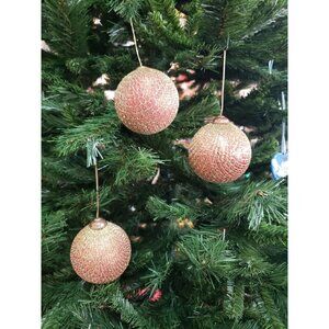 3 Christmas Ornaments Red Glass Balls Gold Mesh Net Covered Glitter MCM Style